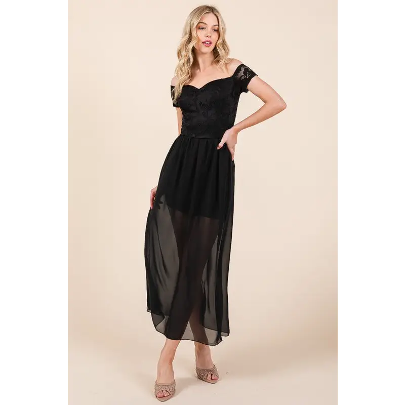 Lace Off Shoulder Chiffon Dress.