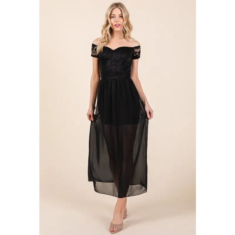 Lace Off Shoulder Chiffon Dress.