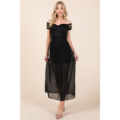 Lace Off Shoulder Chiffon Dress.