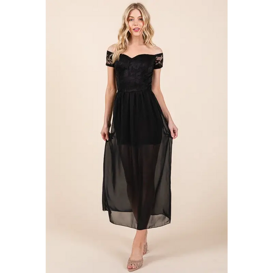 Lace Off Shoulder Chiffon Dress.