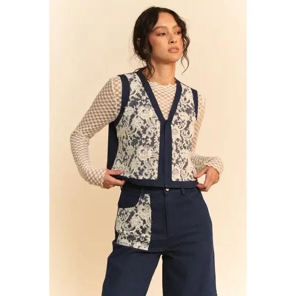 Lace Patch Open Front Denim Vest.