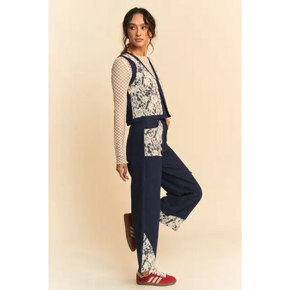 Lace Patch Open Front Denim Vest.