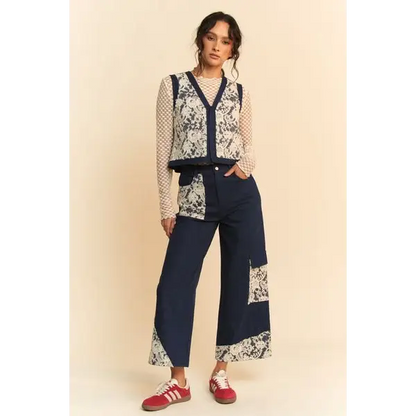 Lace Patch Open Front Denim Vest.