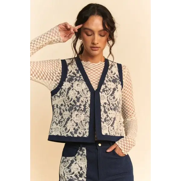 Lace Patch Open Front Denim Vest.