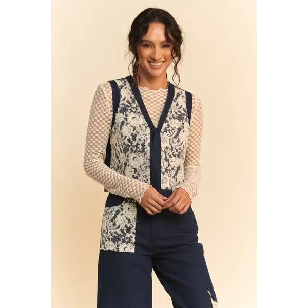 Lace Patch Open Front Denim Vest.