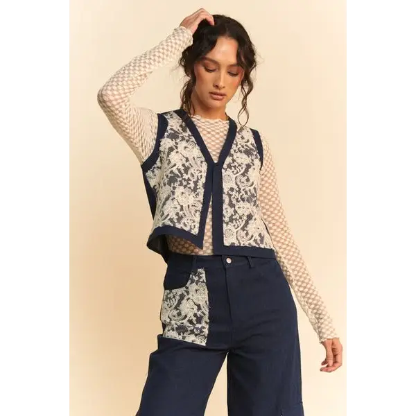 Lace Patch Open Front Denim Vest.