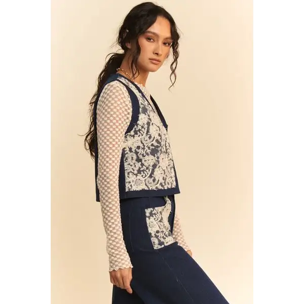 Lace Patch Open Front Denim Vest.