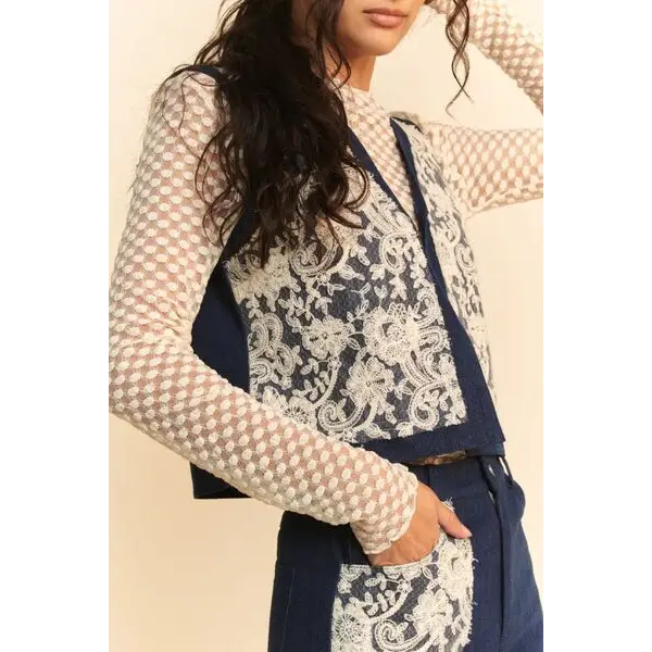 Lace Patch Open Front Denim Vest.