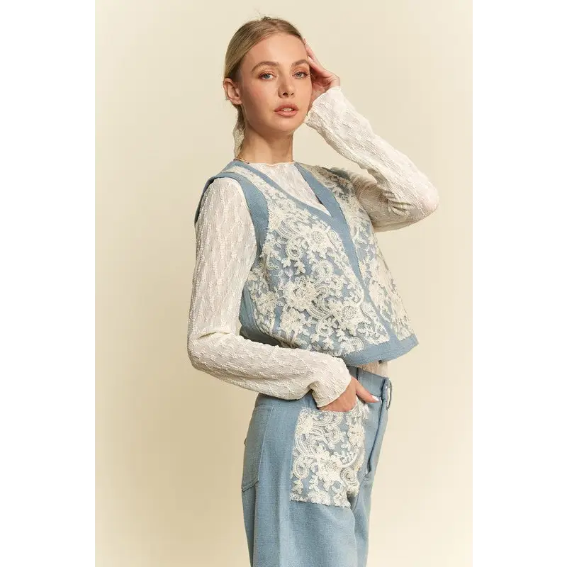 Lace Patch Open Front Denim Vest.