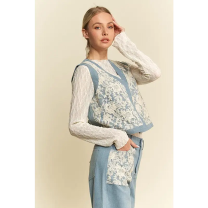 Lace Patch Open Front Denim Vest.