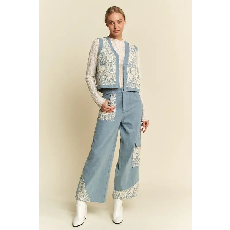 Lace Patch Open Front Denim Vest.