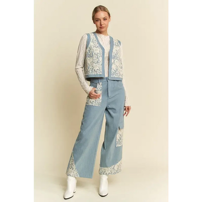 Lace Patch Open Front Denim Vest.