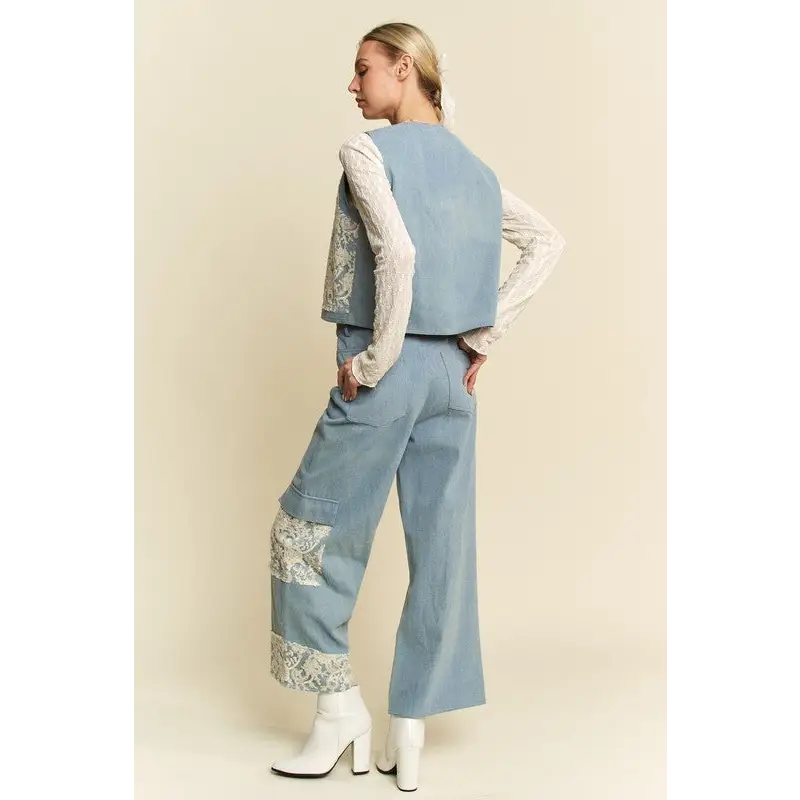 Lace Patch Open Front Denim Vest.