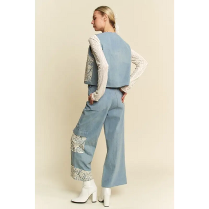 Lace Patch Open Front Denim Vest.