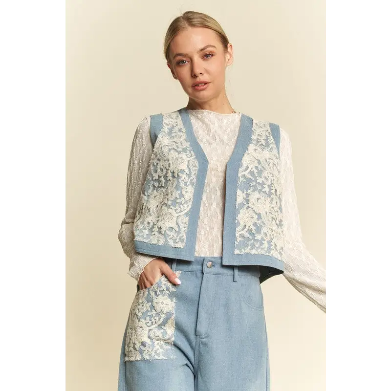 Lace Patch Open Front Denim Vest.