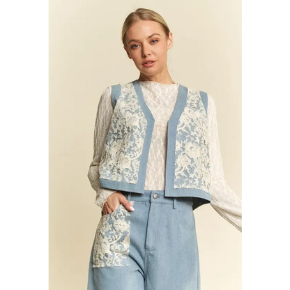 Lace Patch Open Front Denim Vest.