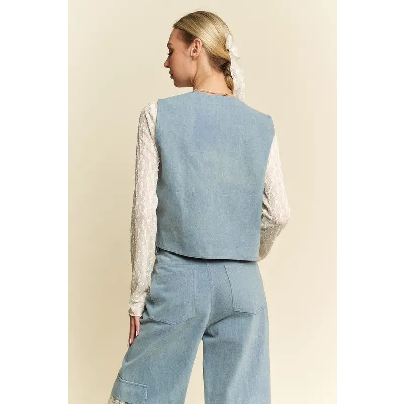 Lace Patch Open Front Denim Vest.