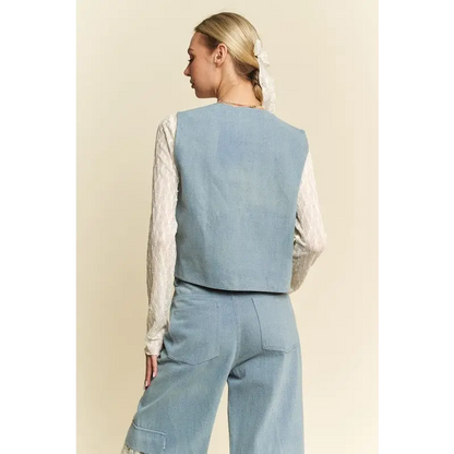 Lace Patch Open Front Denim Vest.