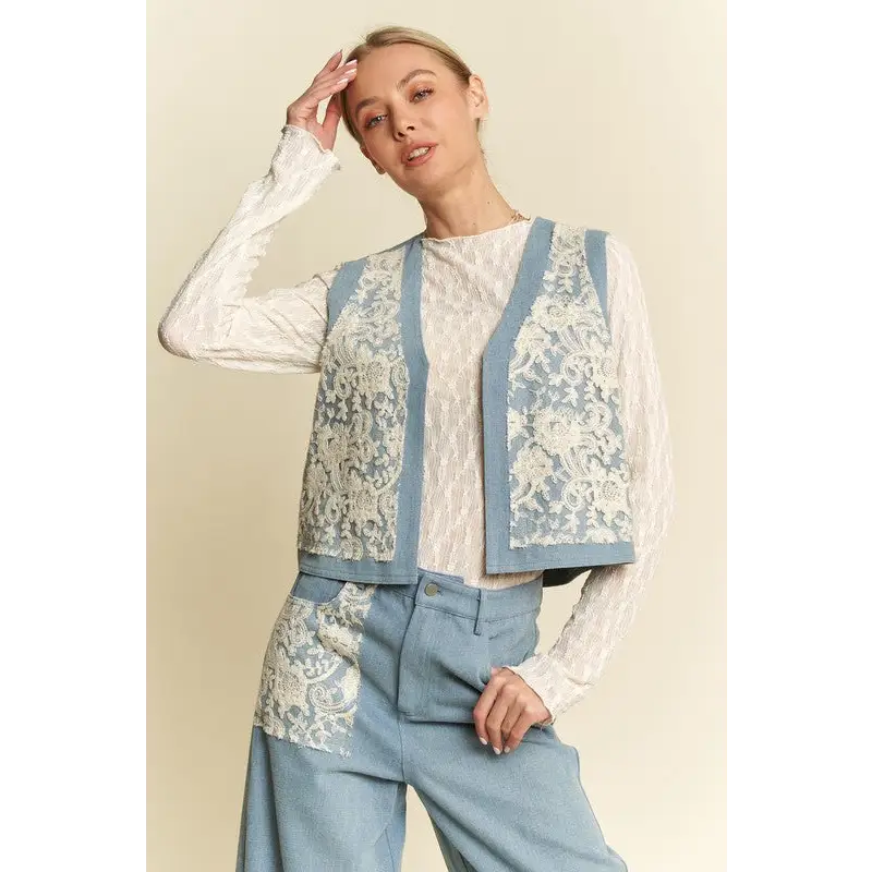 Lace Patch Open Front Denim Vest.