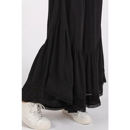 Lace Ruffle Asymmetric Hem Wide Leg Pants.
