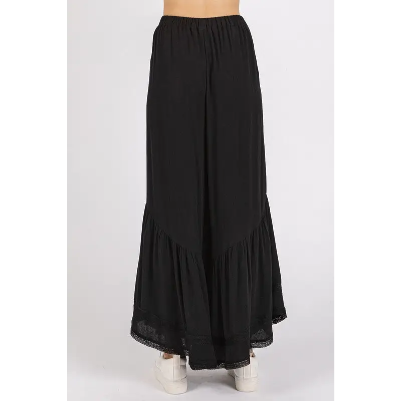 Lace Ruffle Asymmetric Hem Wide Leg Pants.
