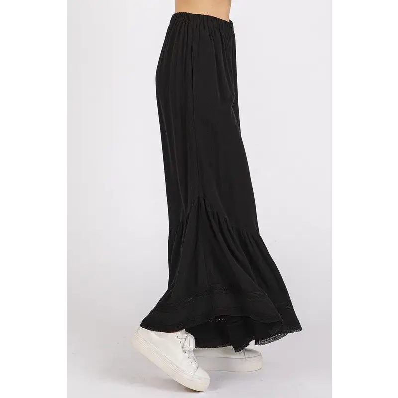 Lace Ruffle Asymmetric Hem Wide Leg Pants.