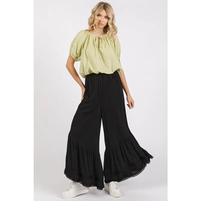 Lace Ruffle Asymmetric Hem Wide Leg Pants.