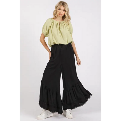 Lace Ruffle Asymmetric Hem Wide Leg Pants.