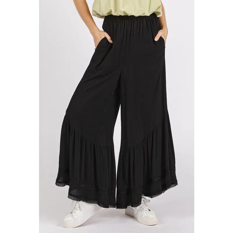 Lace Ruffle Asymmetric Hem Wide Leg Pants.