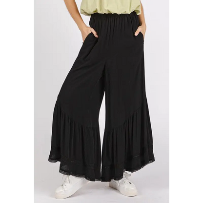 Lace Ruffle Asymmetric Hem Wide Leg Pants.