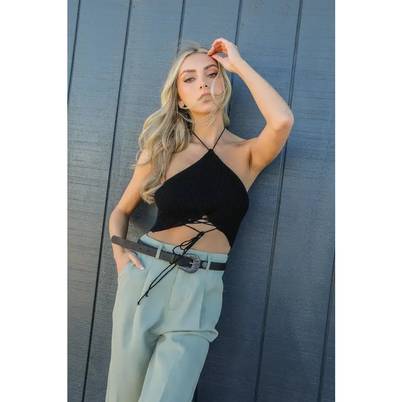Lace-Up Halter Knit Bralette.