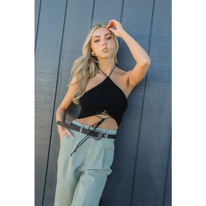 Lace-Up Halter Knit Bralette.