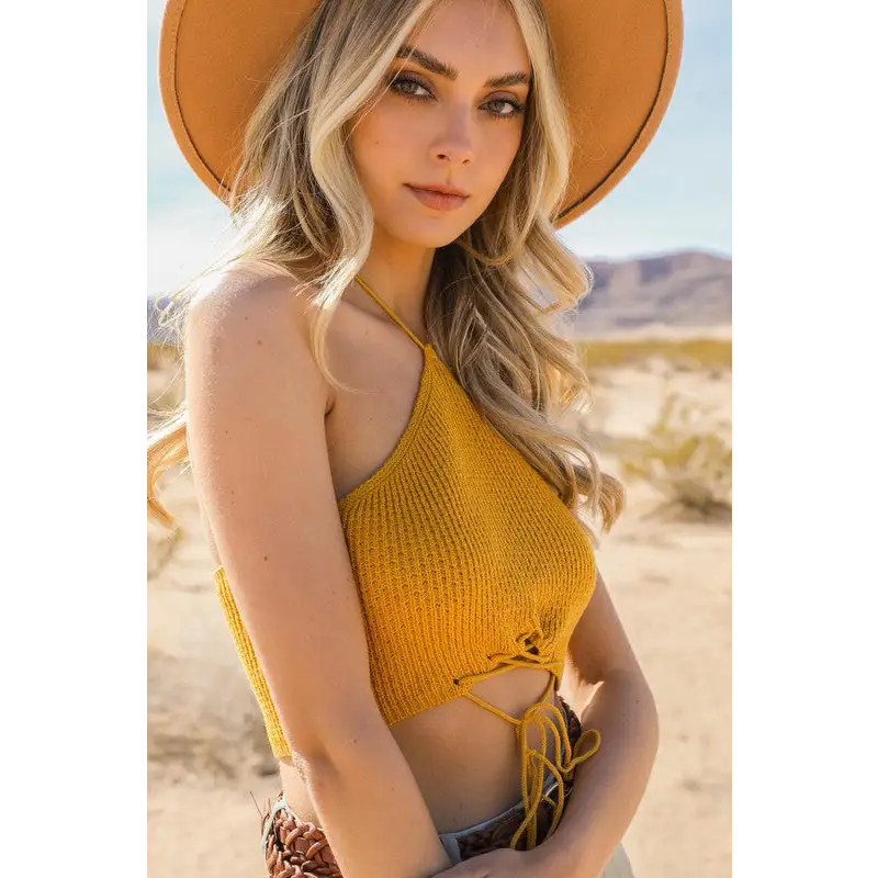 Lace-Up Halter Knit Bralette.