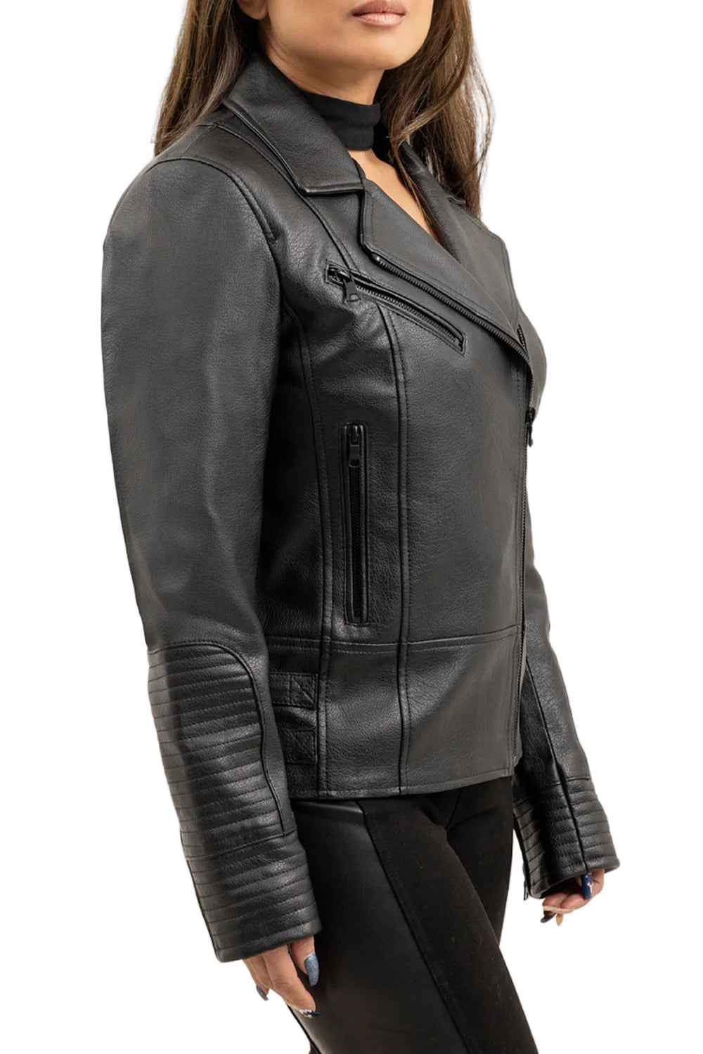 Black leather jacket worn by a person on a white background