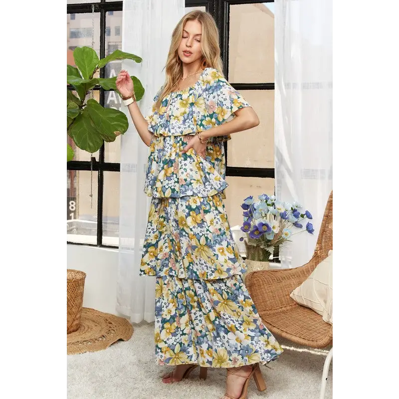 Layered Floral Off-Shoulder Short Sleeve Maxi Dress.
