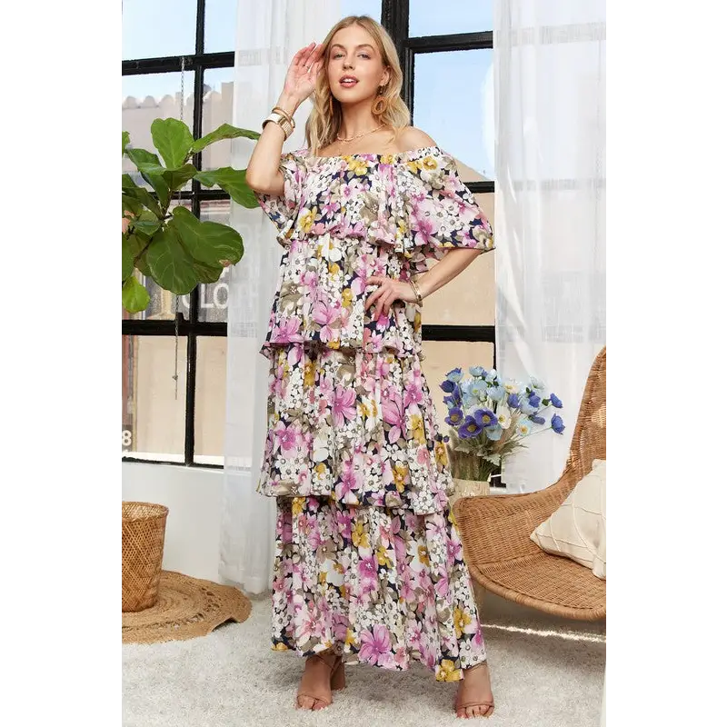 Layered Floral Off-Shoulder Short Sleeve Maxi Dress.