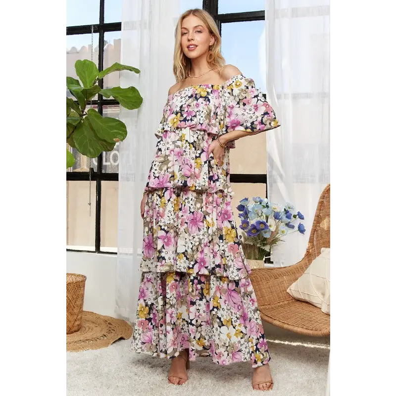 Layered Floral Off-Shoulder Short Sleeve Maxi Dress.