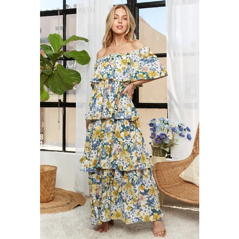 Layered Floral Off-Shoulder Short Sleeve Maxi Dress.