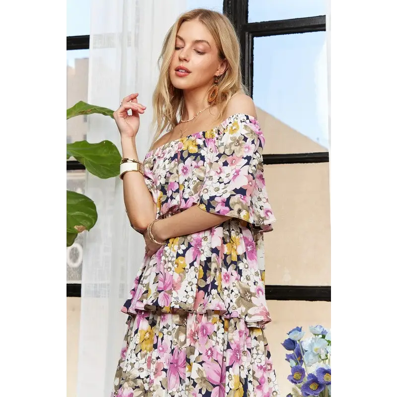 Layered Floral Off-Shoulder Short Sleeve Maxi Dress.