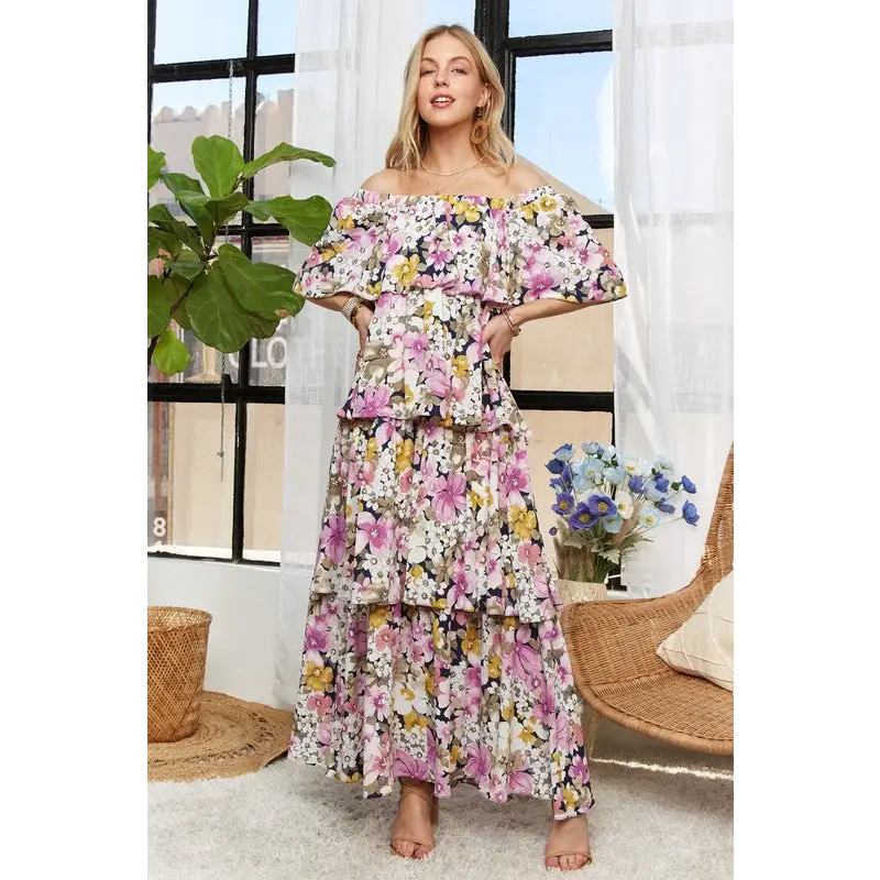 Layered Floral Off-Shoulder Short Sleeve Maxi Dress.