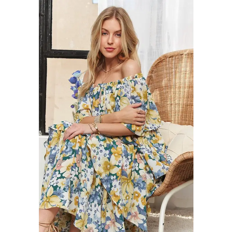 Layered Floral Off-Shoulder Short Sleeve Maxi Dress.