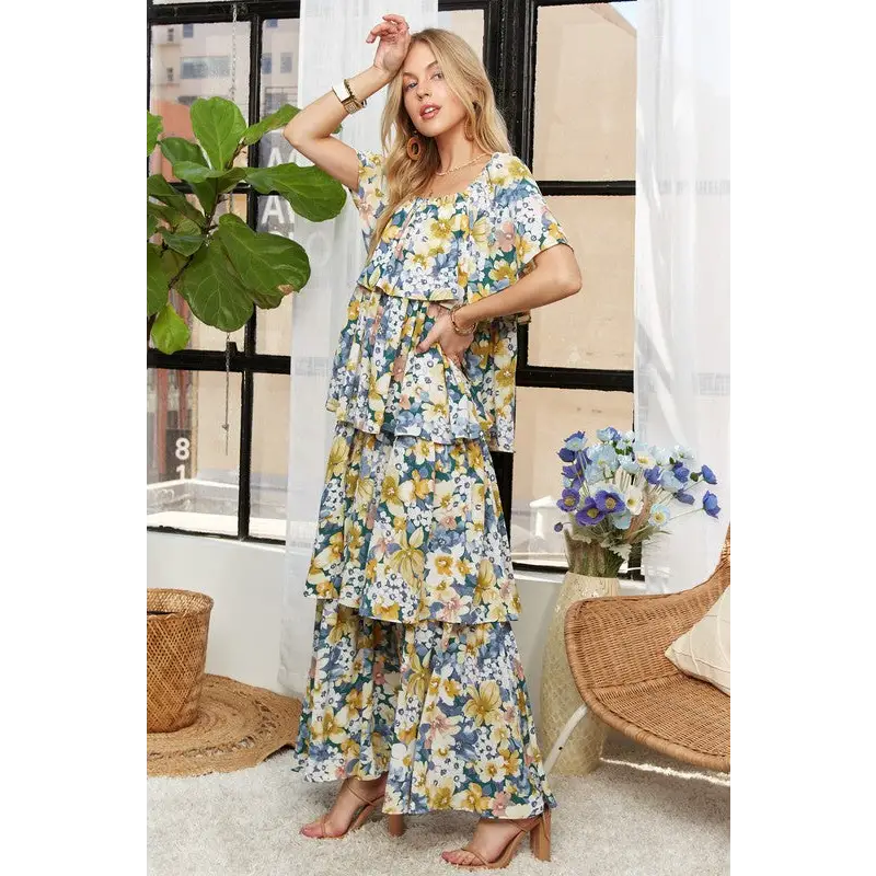 Layered Floral Off-Shoulder Short Sleeve Maxi Dress.