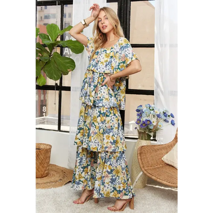 Layered Floral Off-Shoulder Short Sleeve Maxi Dress.