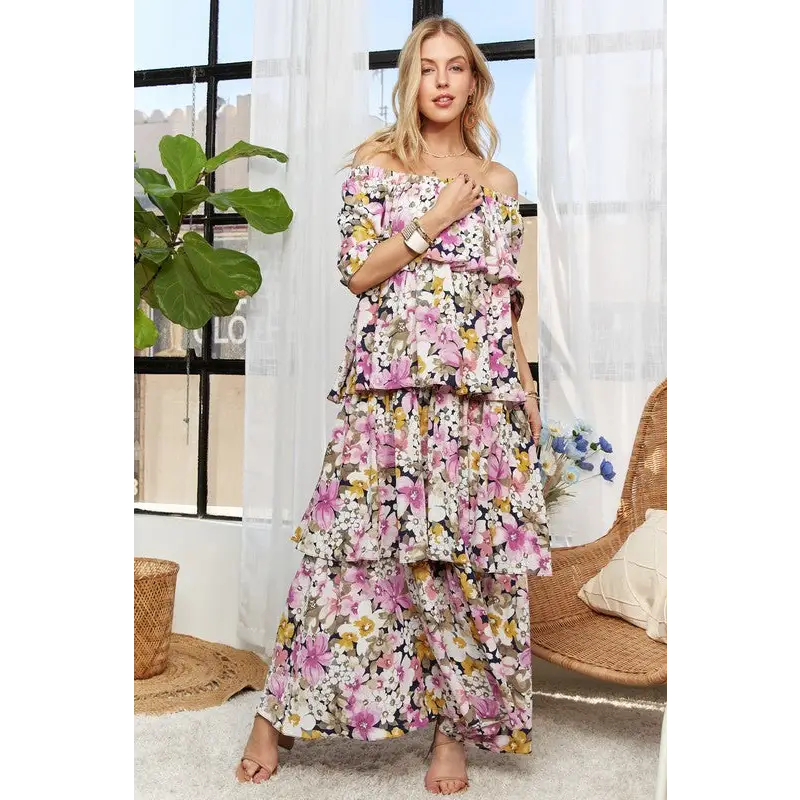 Layered Floral Off-Shoulder Short Sleeve Maxi Dress.