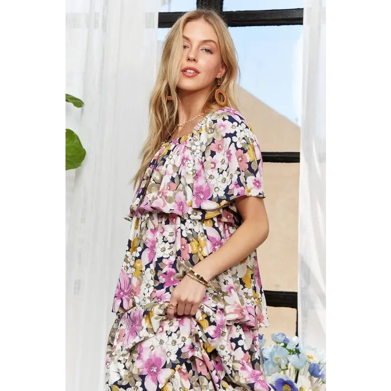 Layered Floral Off-Shoulder Short Sleeve Maxi Dress.