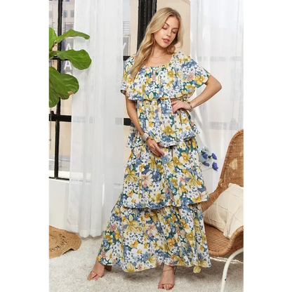 Layered Floral Off-Shoulder Short Sleeve Maxi Dress.