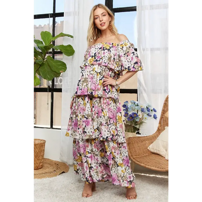 Layered Floral Off-Shoulder Short Sleeve Maxi Dress.