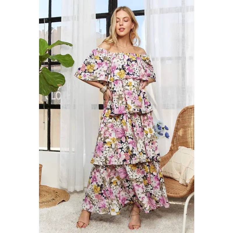 Layered Floral Off-Shoulder Short Sleeve Maxi Dress.