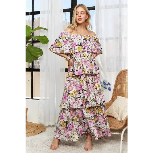 Layered Floral Off-Shoulder Short Sleeve Maxi Dress.