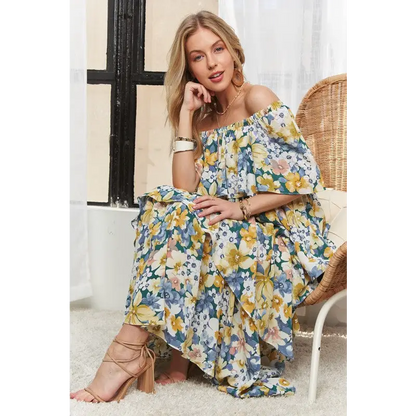 Layered Floral Off-Shoulder Short Sleeve Maxi Dress.